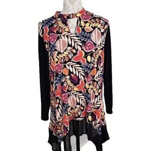 Kate and Mallory black floral tunic Shark Bite Hem Long Sleeve top, size XL